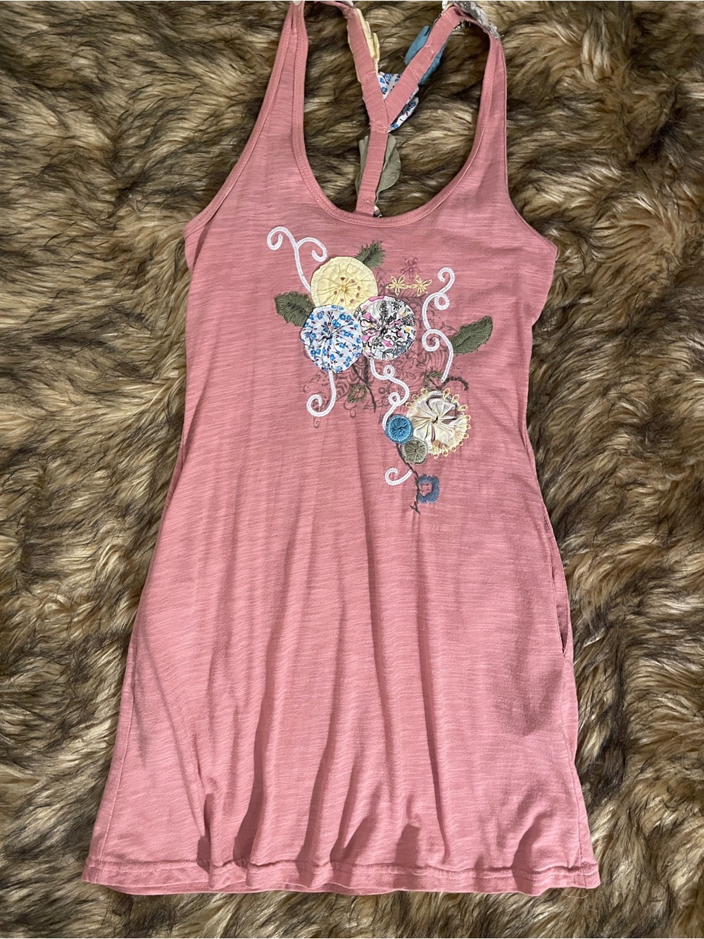 Dejavu Embroidered Pink Floral Racerback Tank Dress S